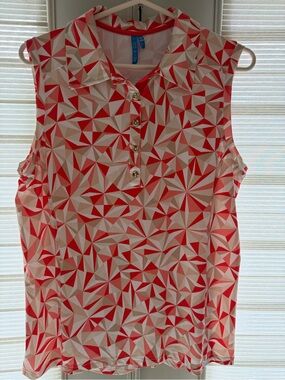 Sleeveless Geometric Print Polo Top - Orange/White/Khaki